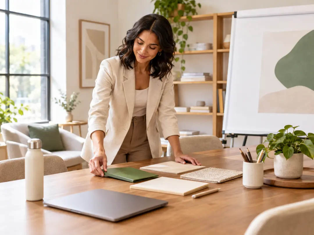 Customer success manager preparing a client welcome with brand imagery