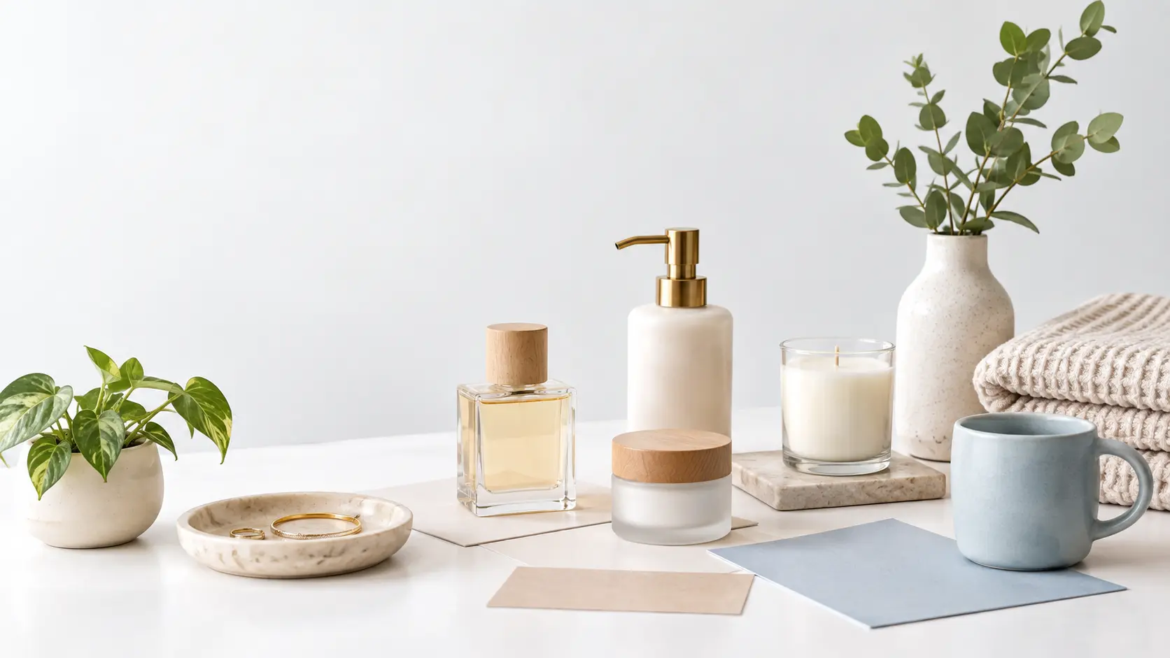 Bright studio table with transparent product cutouts, paper samples, and a clean white backdrop