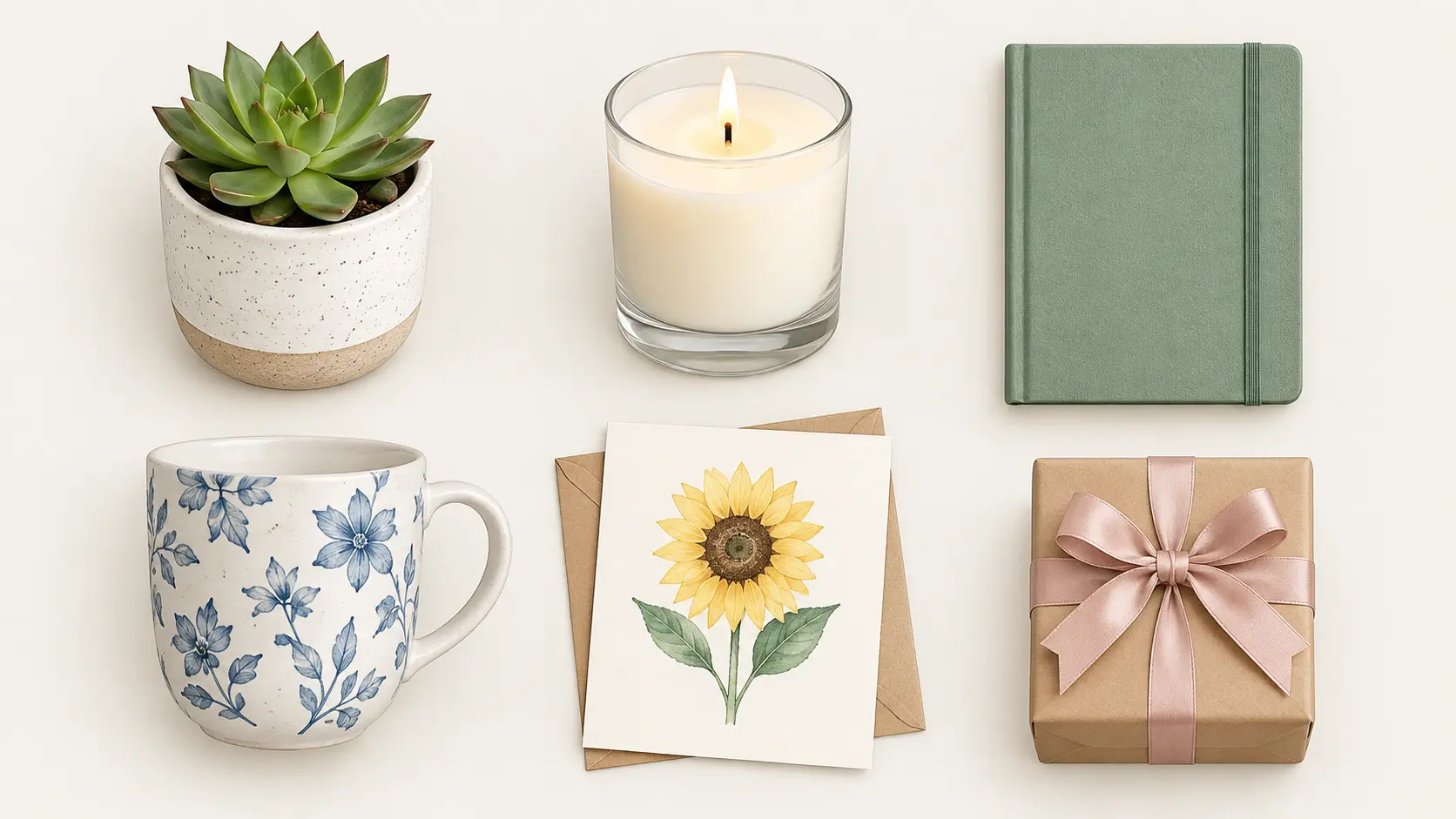 A neat row of assorted products and signed cards isolated with a consistent cutout treatment