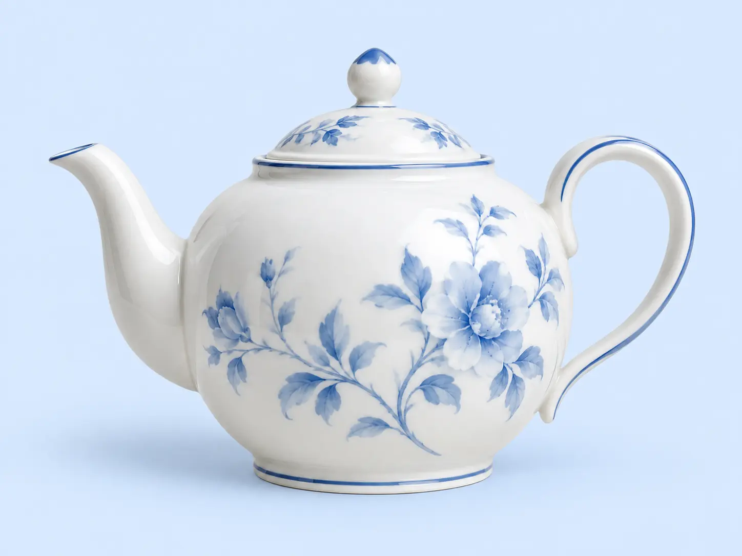 The same blue-and-white ceramic teapot isolated against a pale blue replacement background with clean edges