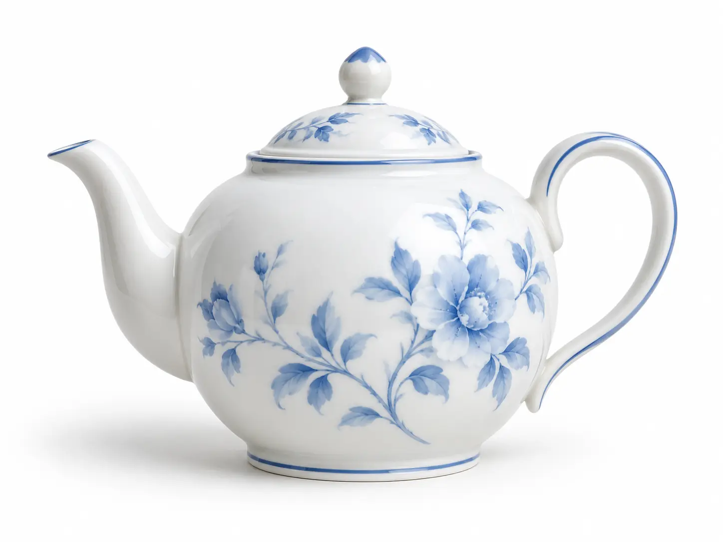 White ceramic teapot photographed on a seamless white background before removal