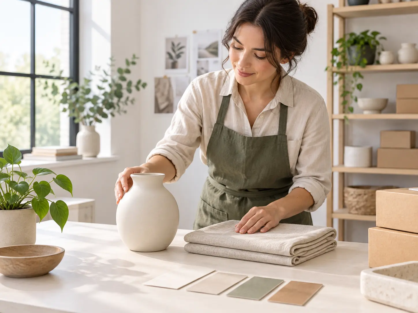 Marketplace team arranging product photography on a clean white studio table