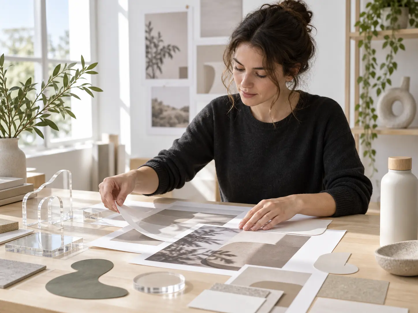 Designer preparing reusable cutout assets at a bright worktable