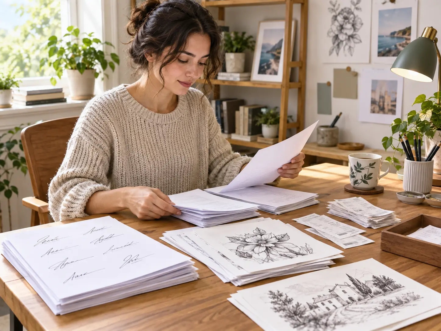 Person sorting scanned signatures and sketches on a home desk