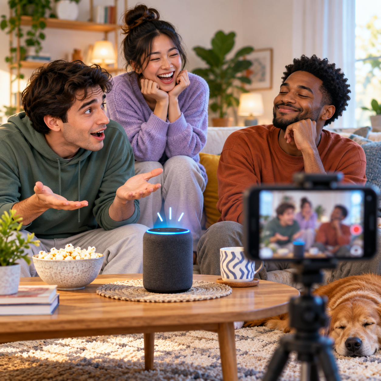 Alexa AI voice replying in a smart speaker comedy skit