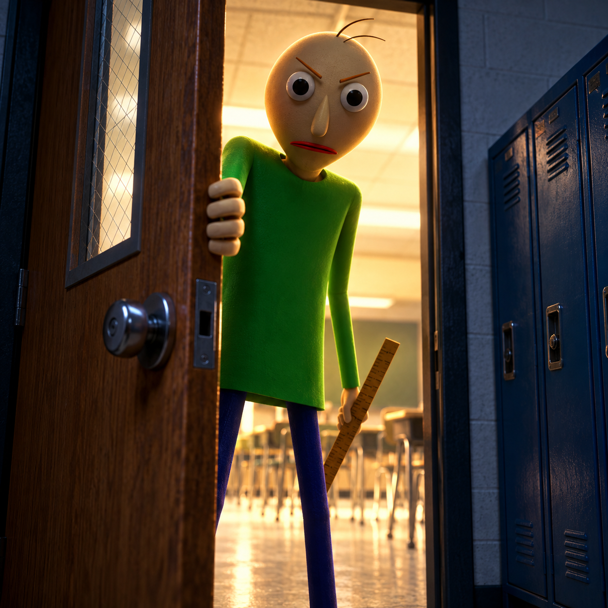 Baldi AI voice warning near a classroom door