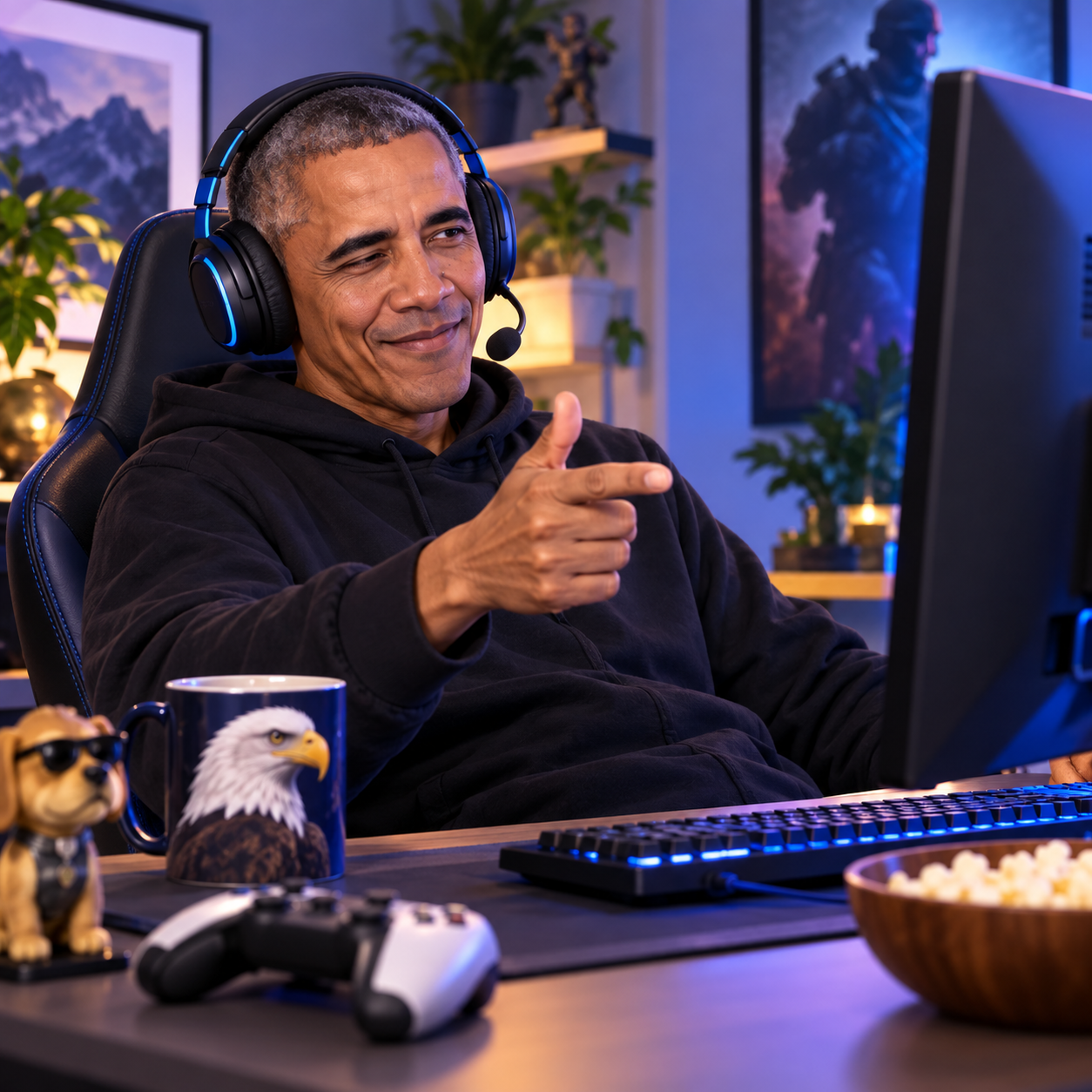 Barack Obama AI voice in a gaming meme setup