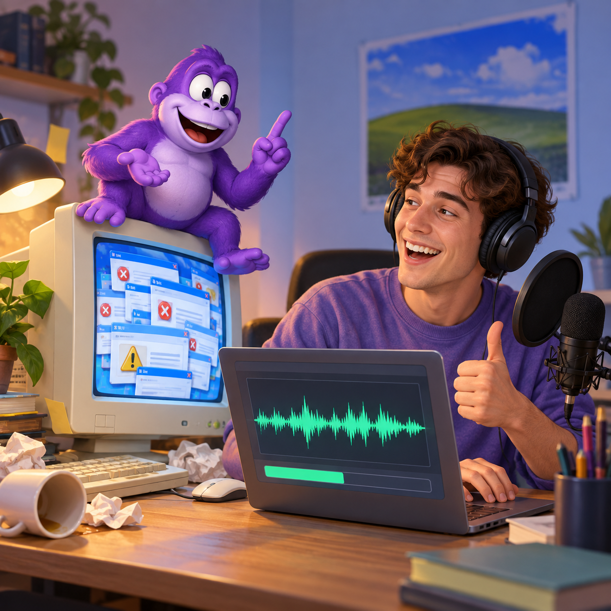 BonziBuddy AI voice beside a retro desktop warning
