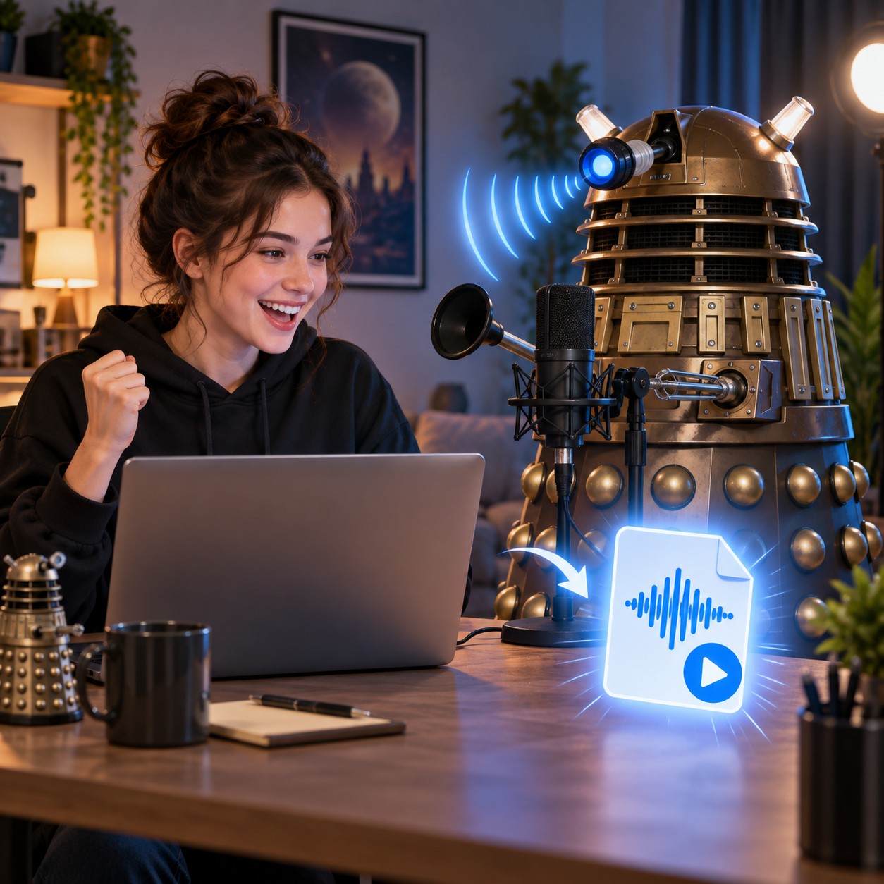 Dalek AI voice for clipped metallic skit orders