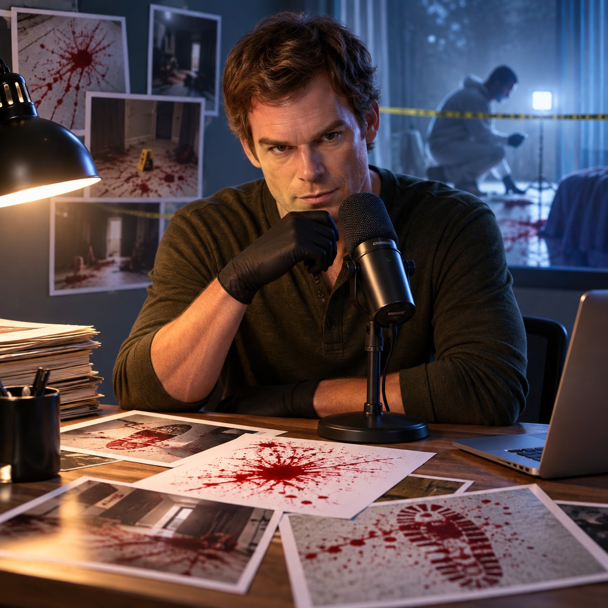 Dexter Morgan AI voice for blood-spatter case threads