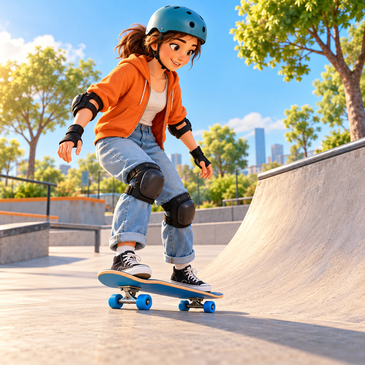 Fact Attack Adventures AI voice narrating an animated skate park scene