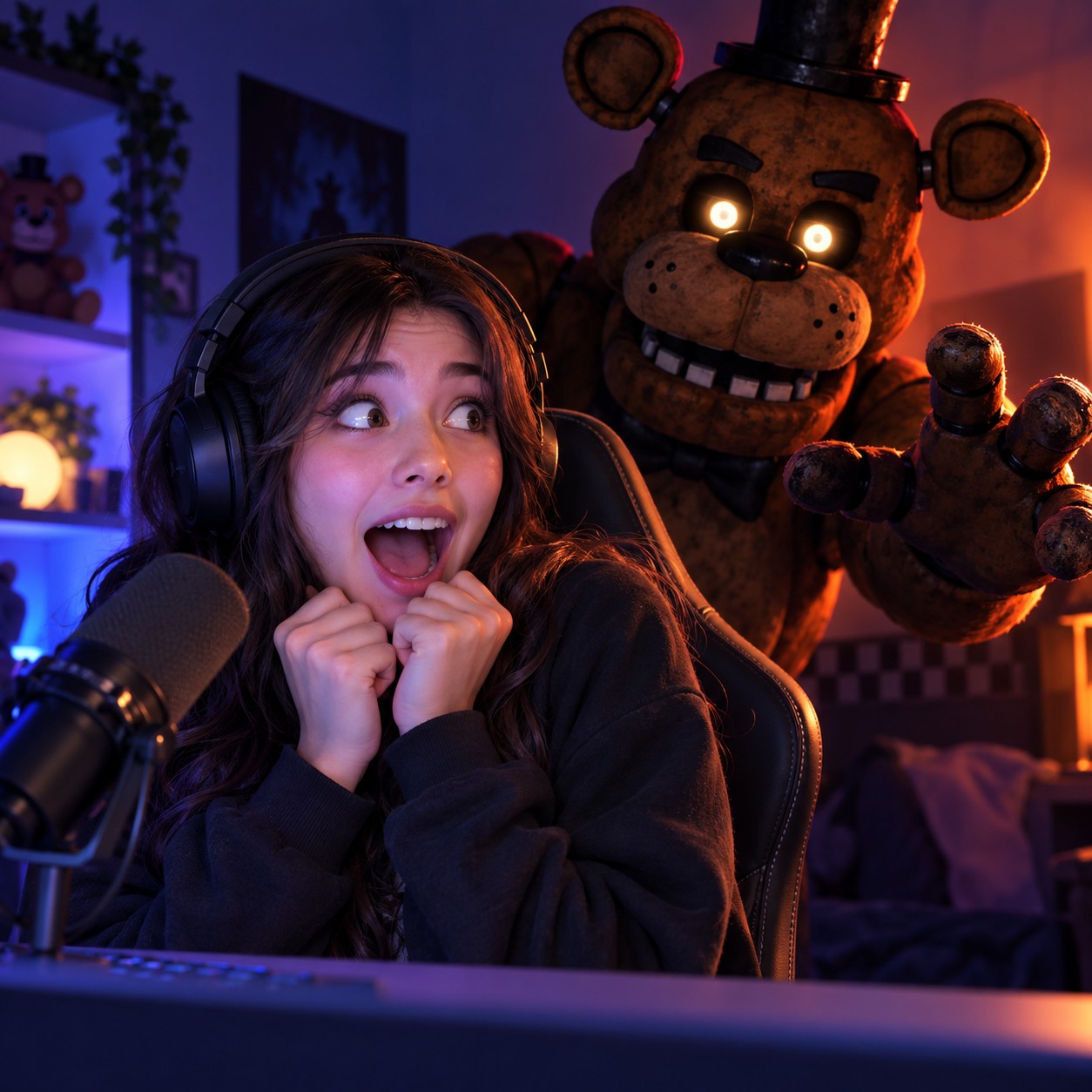 Freddy Fazbear AI voice delivering a night guard warning