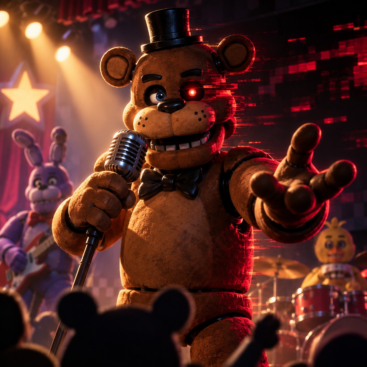 Freddy Fazbear AI voice leading a glitchy band interlude