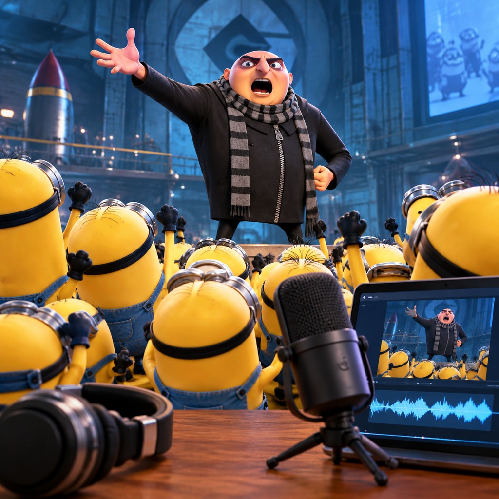 Gru AI voice delivering a theatrical cartoon command to Minions