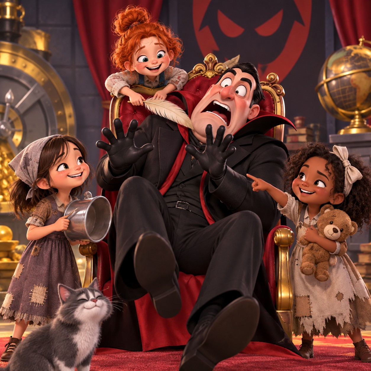 Gru AI voice in a cartoon comedy scene with three orphan girls