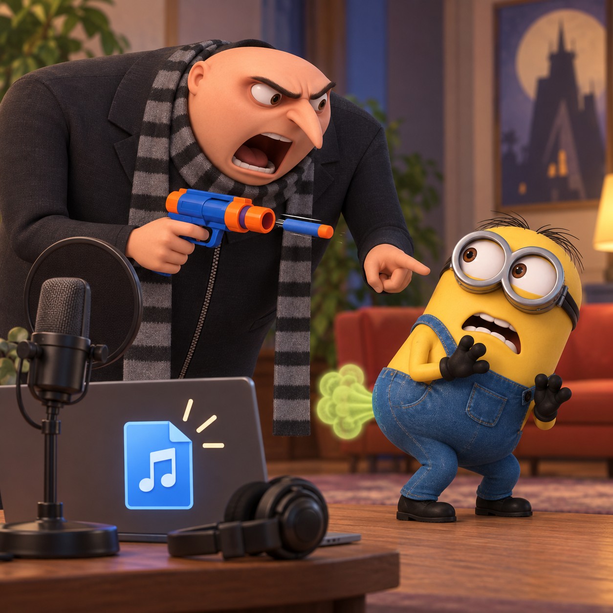 Gru AI voice delivering a raspy dart gun punchline