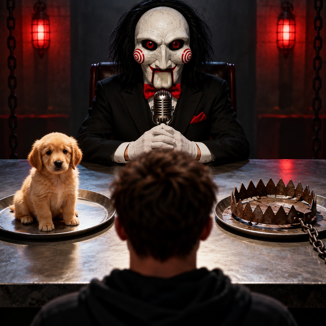 Jigsaw AI voice framing a horror meme choice