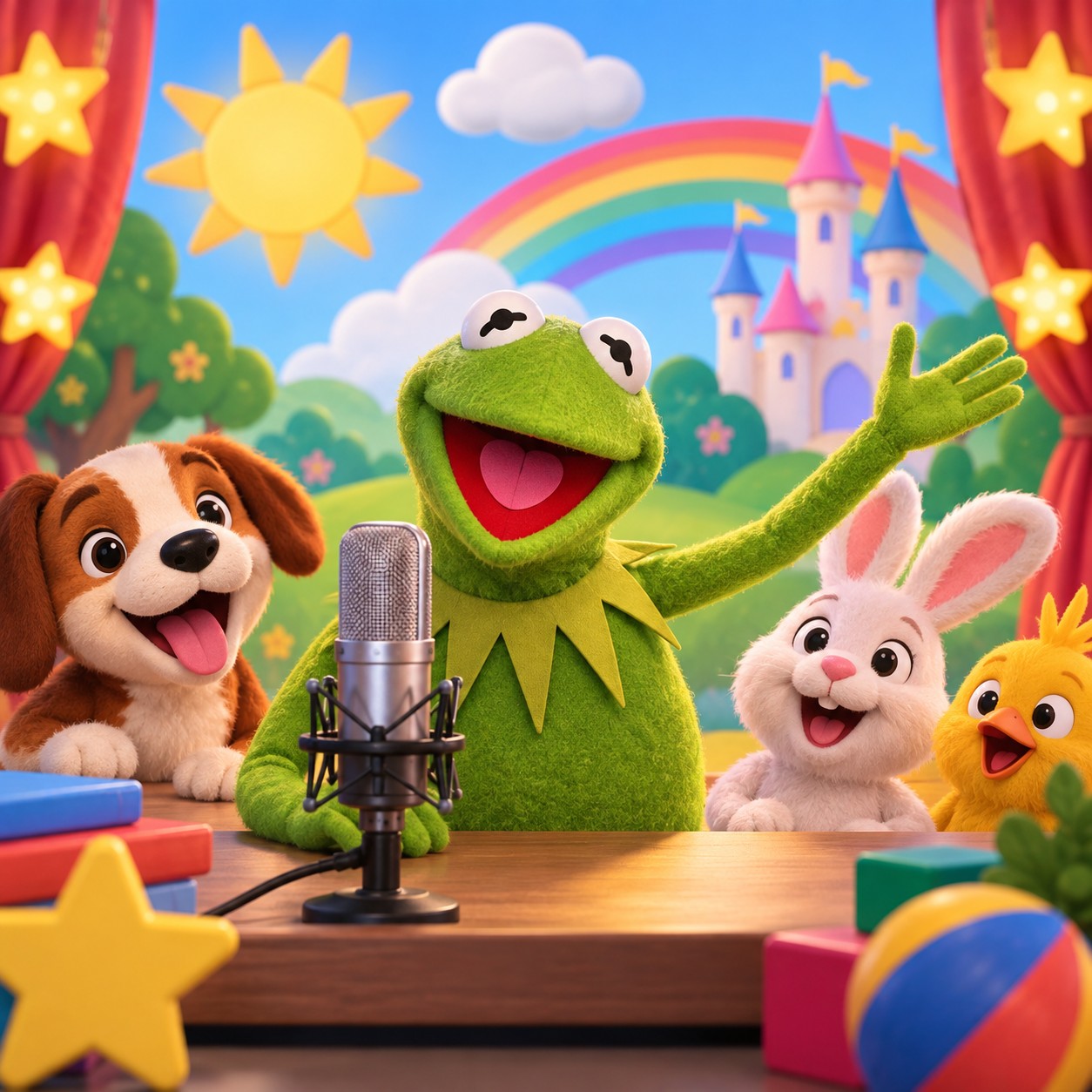 Kermit the Frog AI voice opens a cheerful kids YouTube clip.