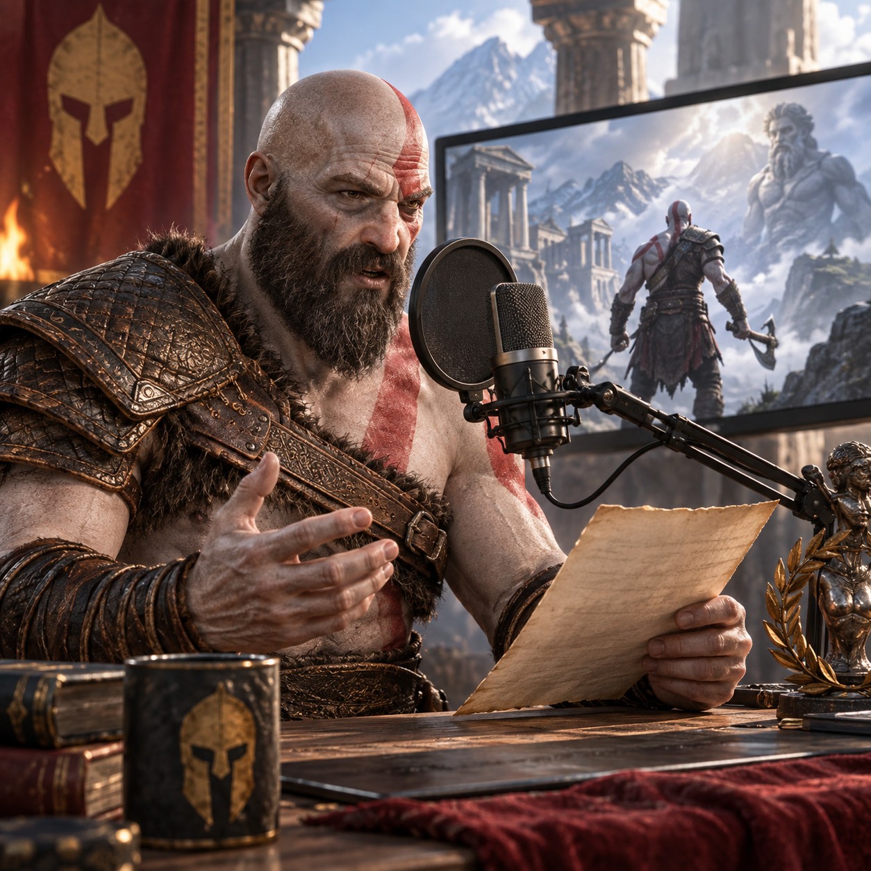 Kratos AI voice narrating a YouTube lore recap