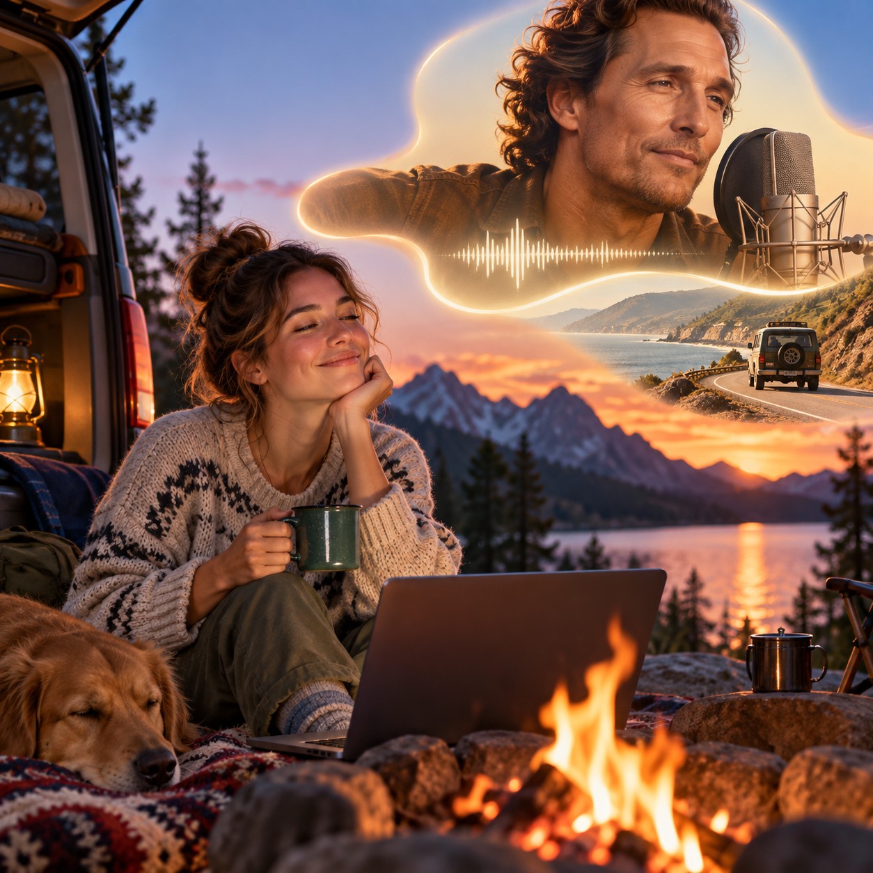 Matthew McConaughey AI voice for campfire-style story reels