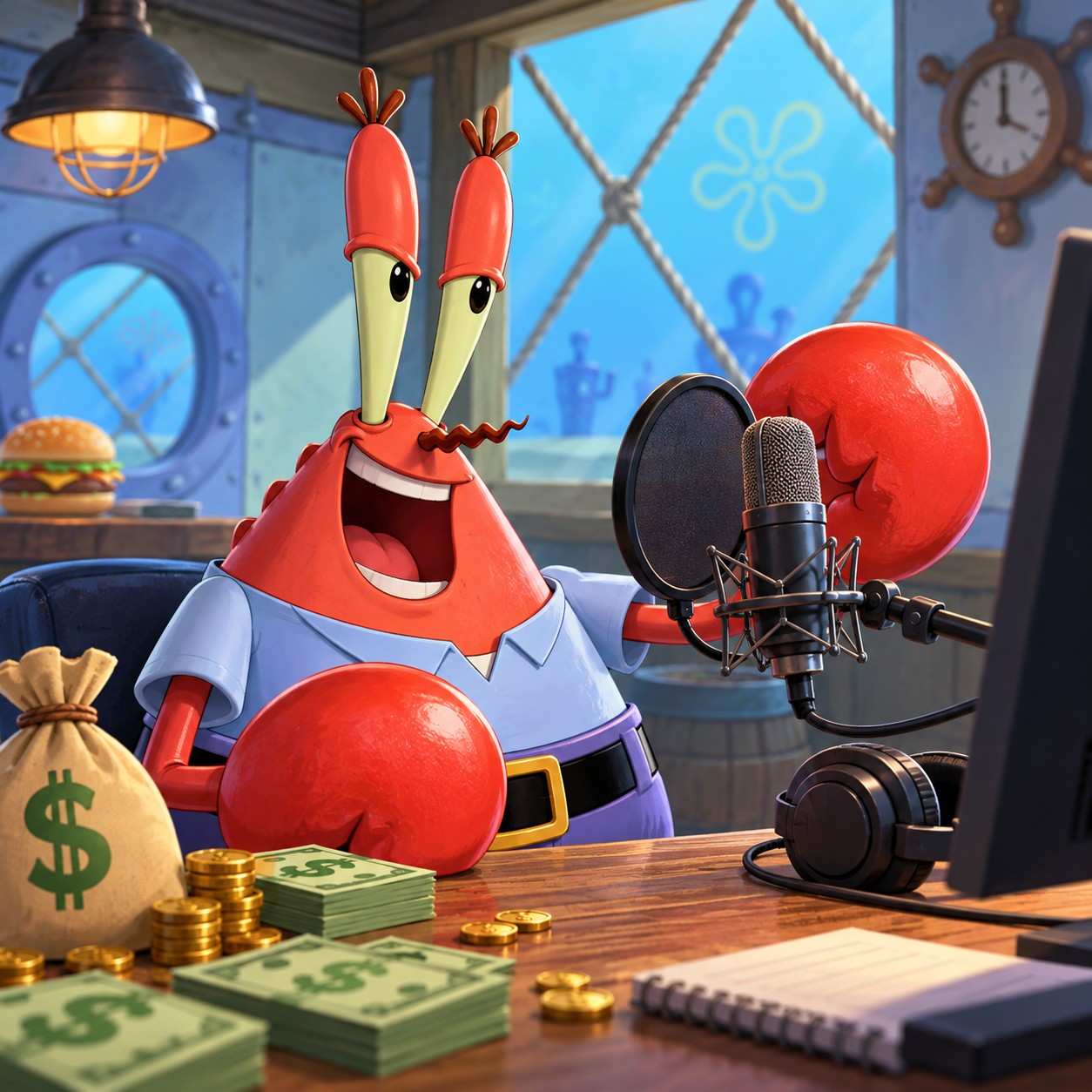 Mr. Krabs AI voice delivering a raspy cartoon reaction