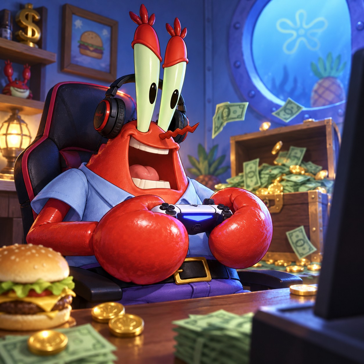 Mr. Krabs AI voice in an energetic gaming scene