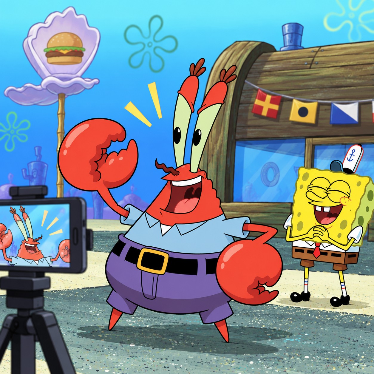 Mr. Krabs AI voice leading a cartoon comedy exchange