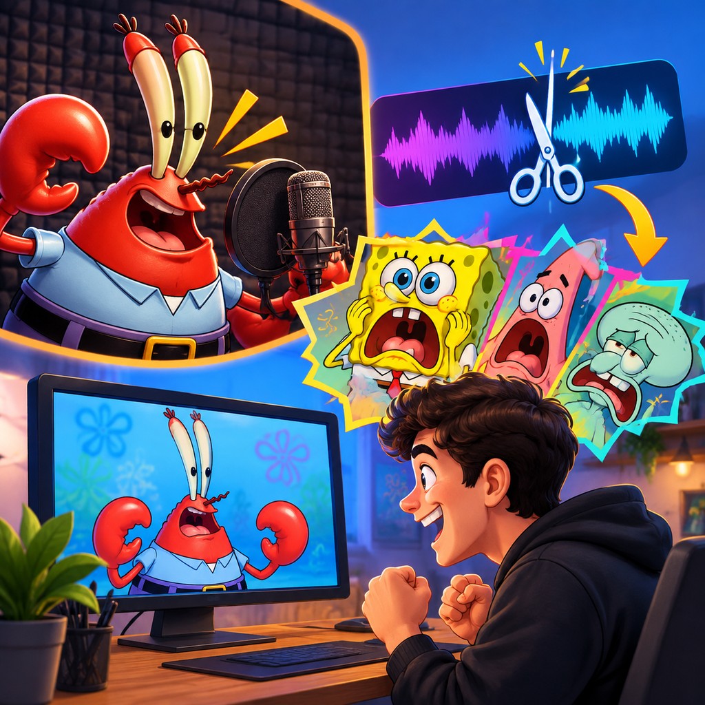 Mr. Krabs AI voice beside animated reaction captions