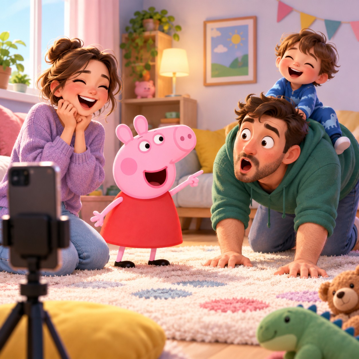 Peppa Pig AI voice reacting in a family skit