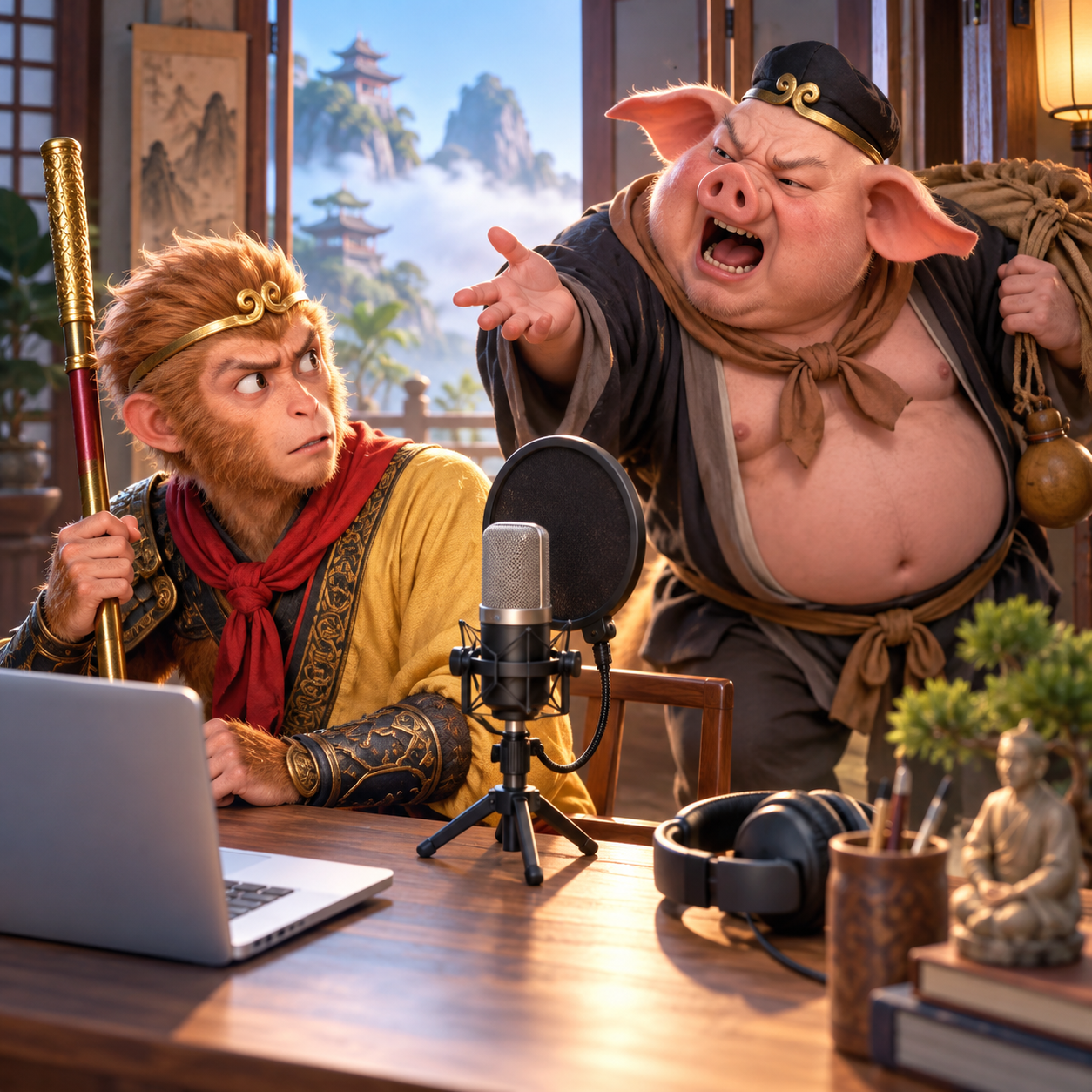 Pigsy AI voice arguing in a comedy skit