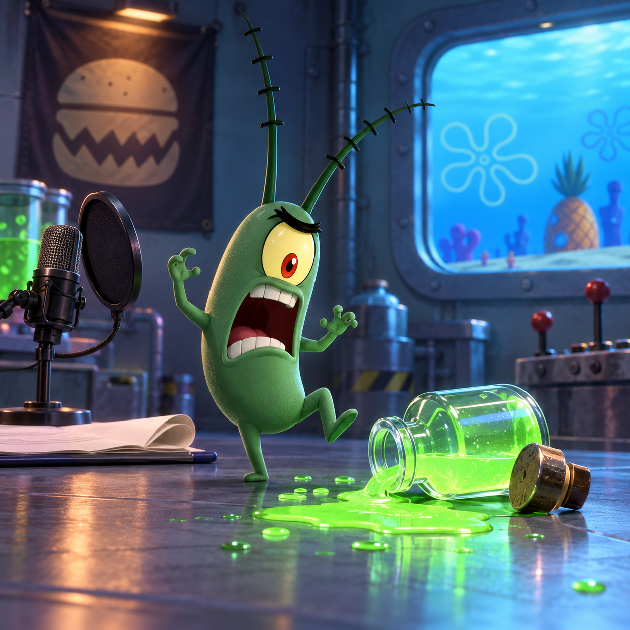 Plankton AI voice scheming inside the Chum Bucket