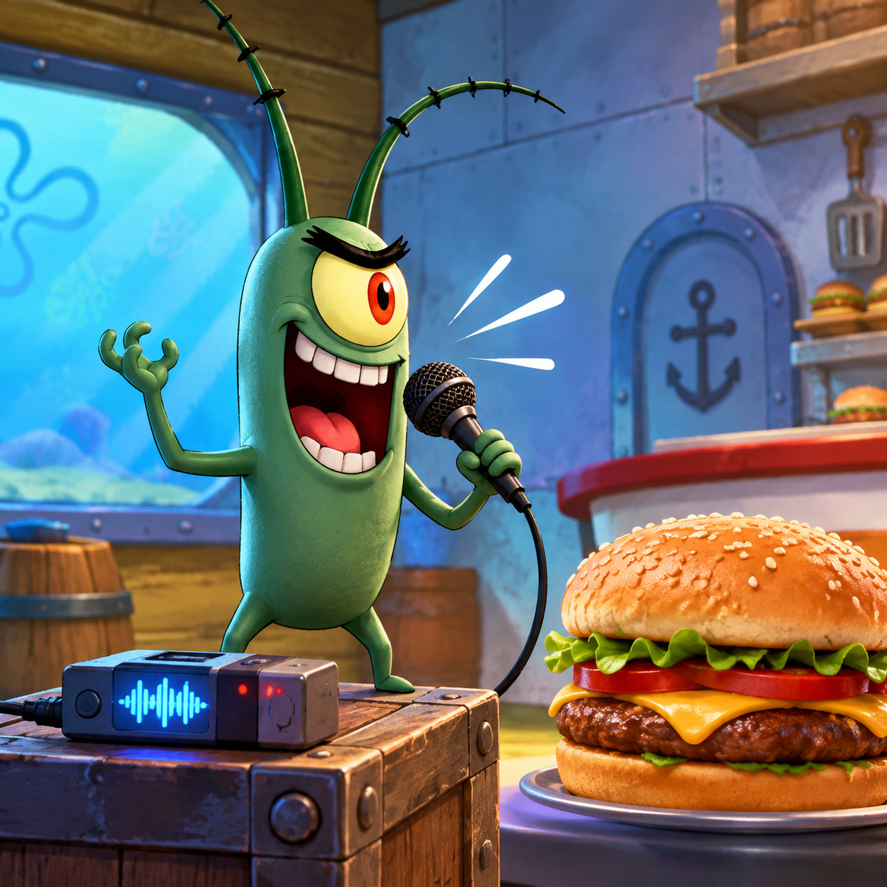 Plankton AI voice plotting over a Krabby Patty formula