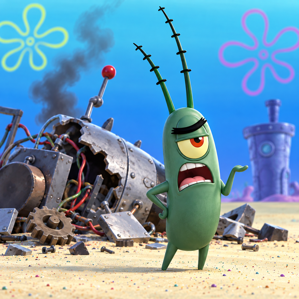 Plankton AI voice shouting a frustrated comeback