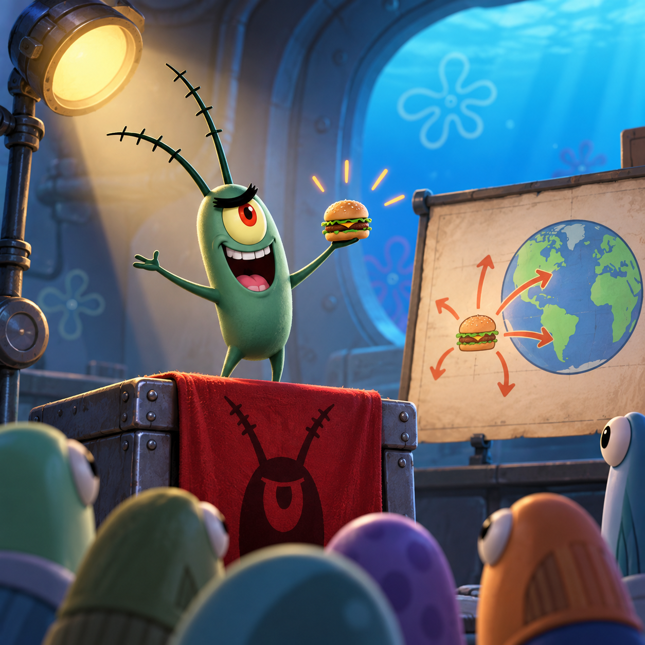Plankton AI voice planning a tiny villain scheme