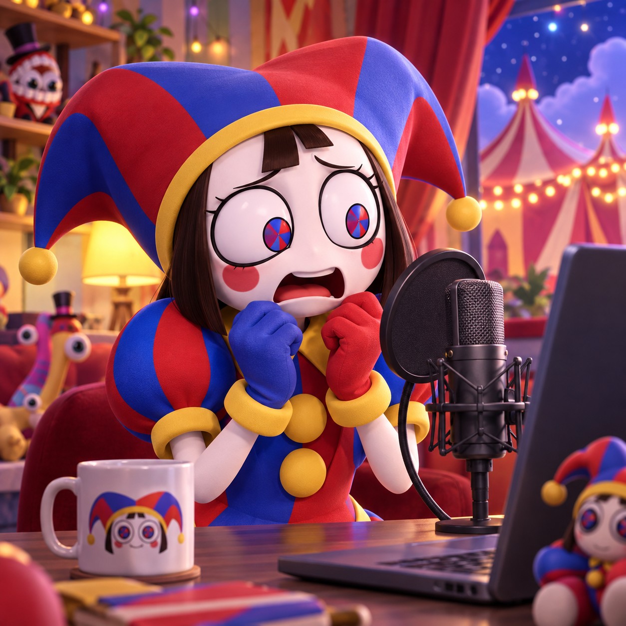 Pomni AI voice delivering a nervous virtual circus reaction