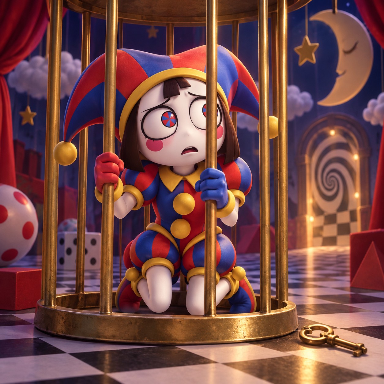 Pomni AI voice performing a concerned jester roleplay scene