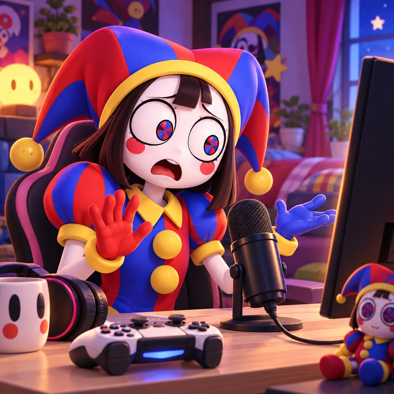 Pomni AI voice delivering a concerned gaming reaction