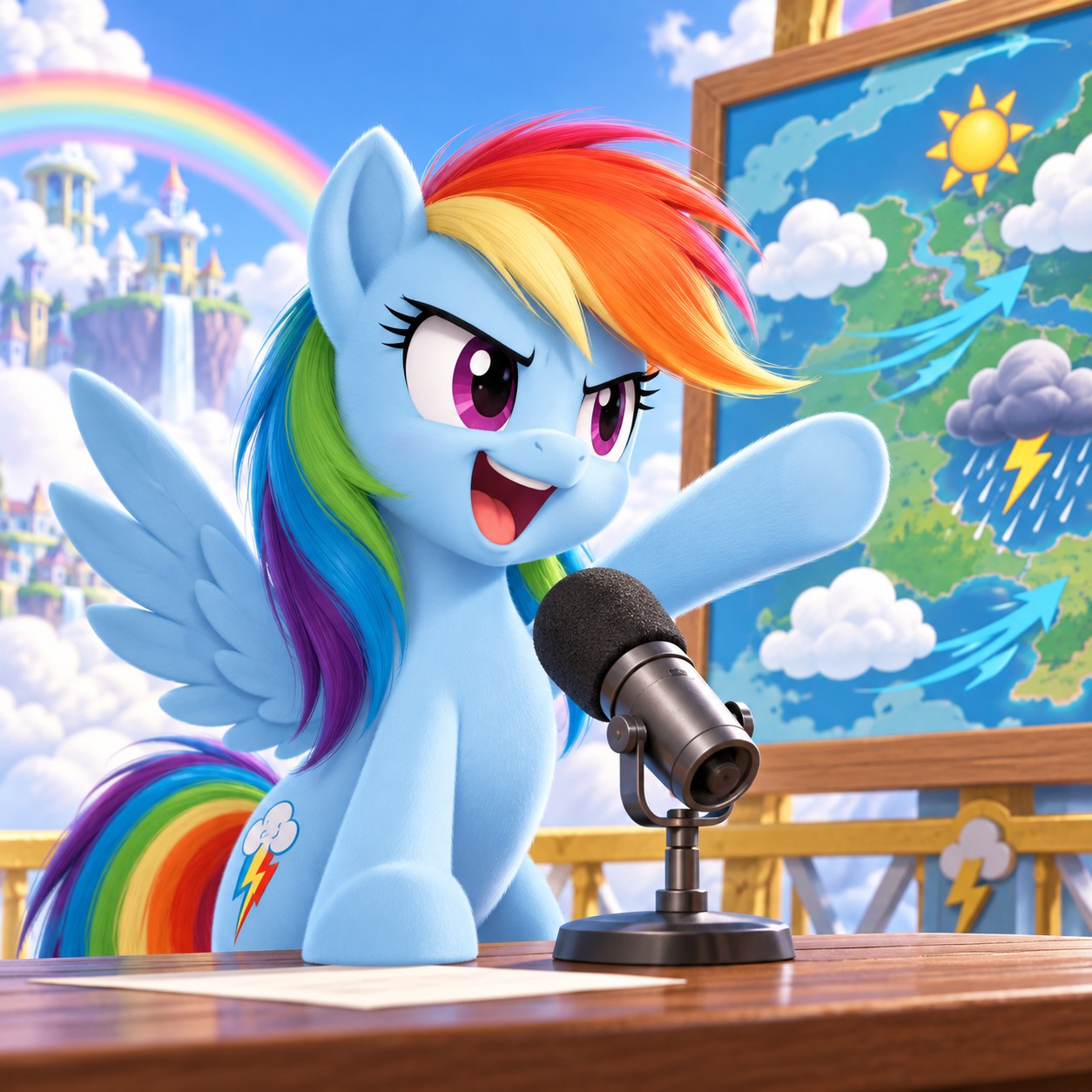 Rainbow Dash AI voice for a Ponyville weather meme