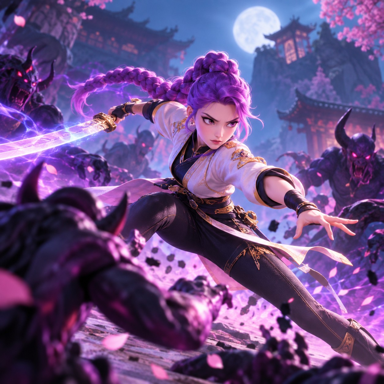 Rumi AI voice leads an animated demon hunt scene for gaming.
