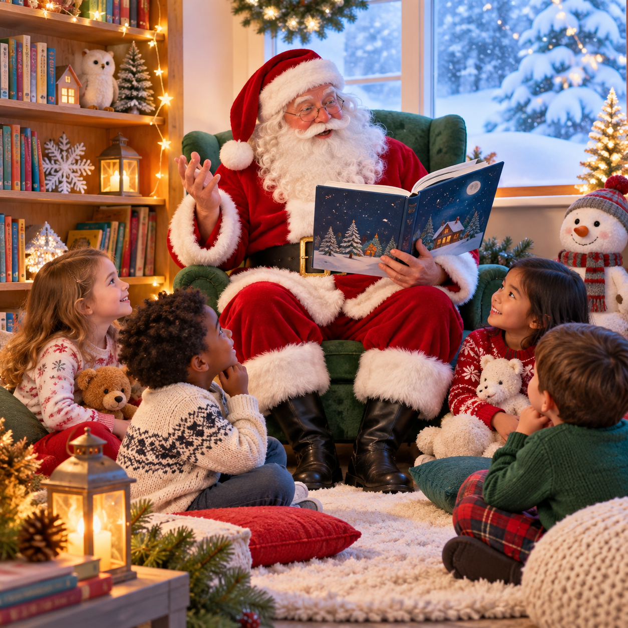 Santa Claus AI voice reading for a classroom holiday scene