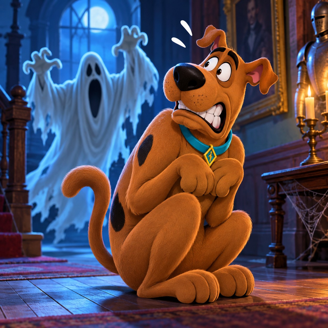 Scooby-Doo AI voice panic cutaway for animated comedy