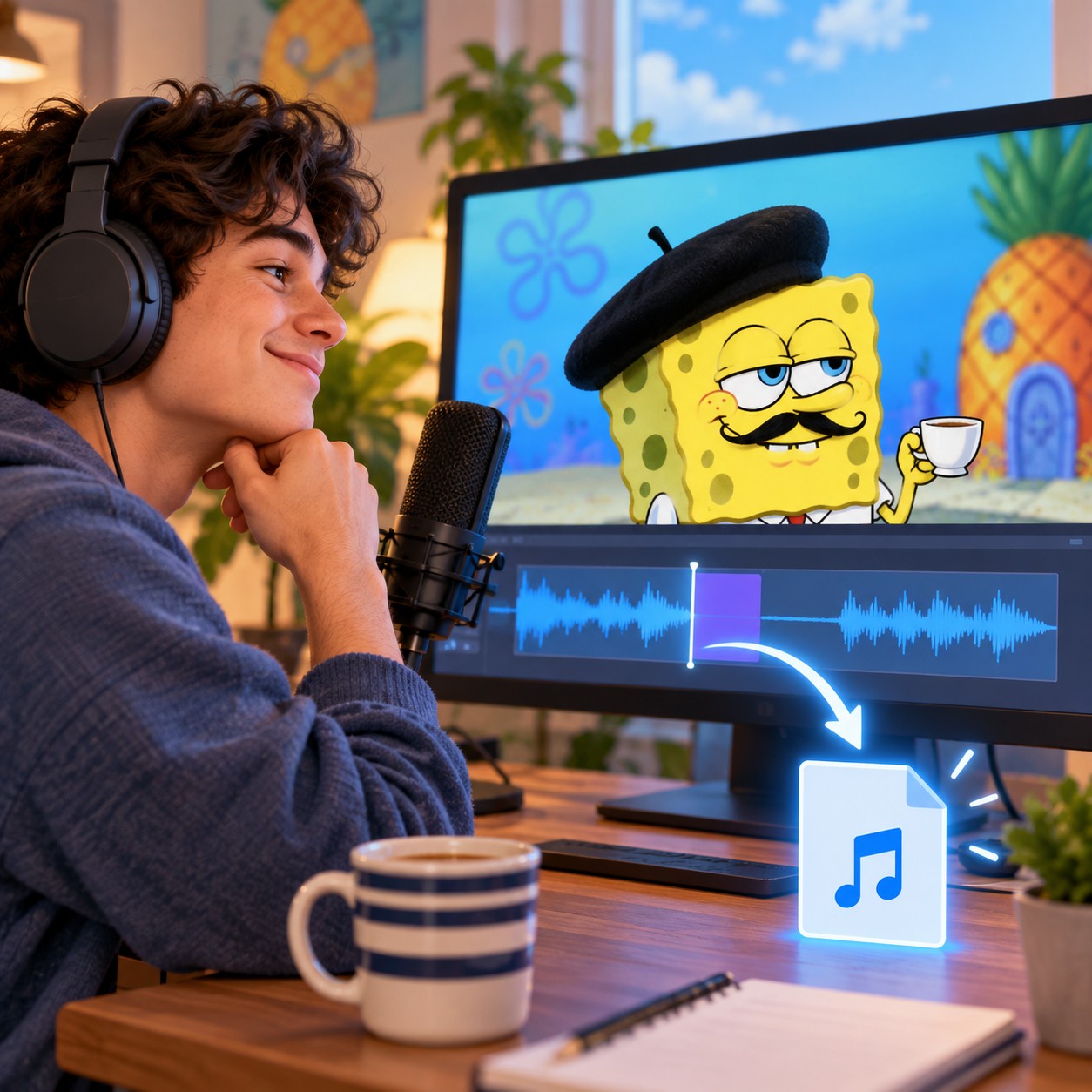 SpongeBob French Narrator AI voice timing a time card meme pause