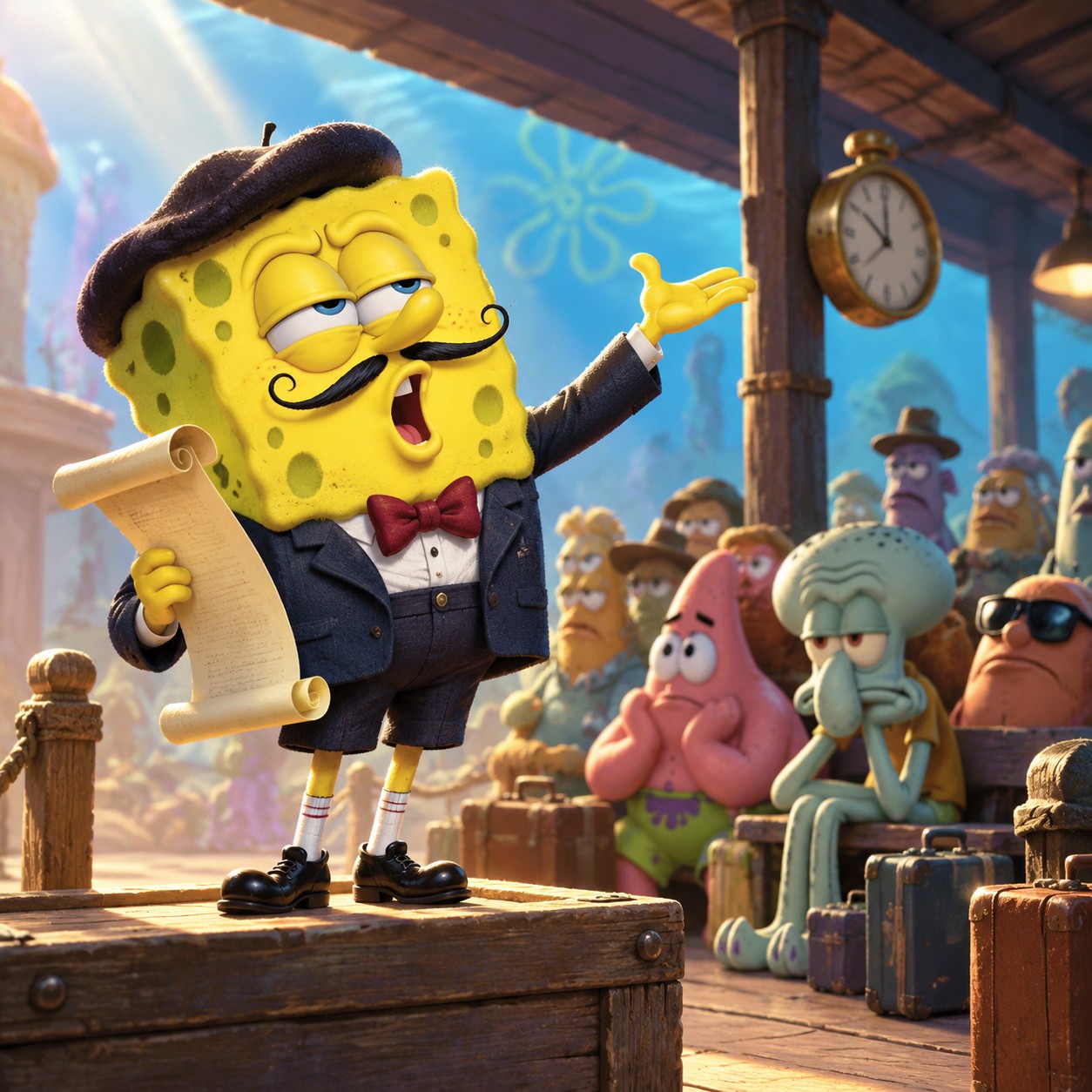 SpongeBob French Narrator AI voice announcing a cinematic delay joke