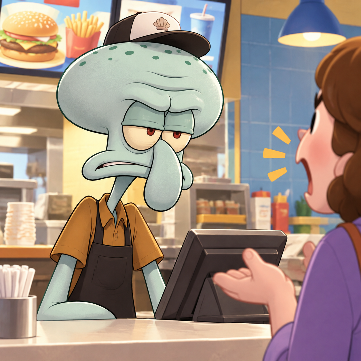 Squidward AI voice reacting at a cashier counter