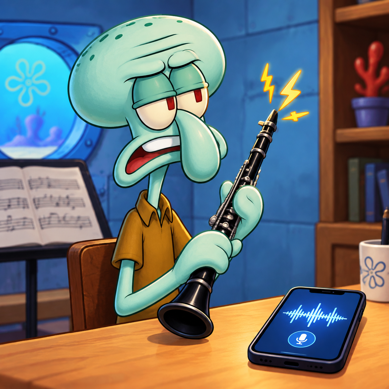 Squidward AI voice beside a clarinet gag