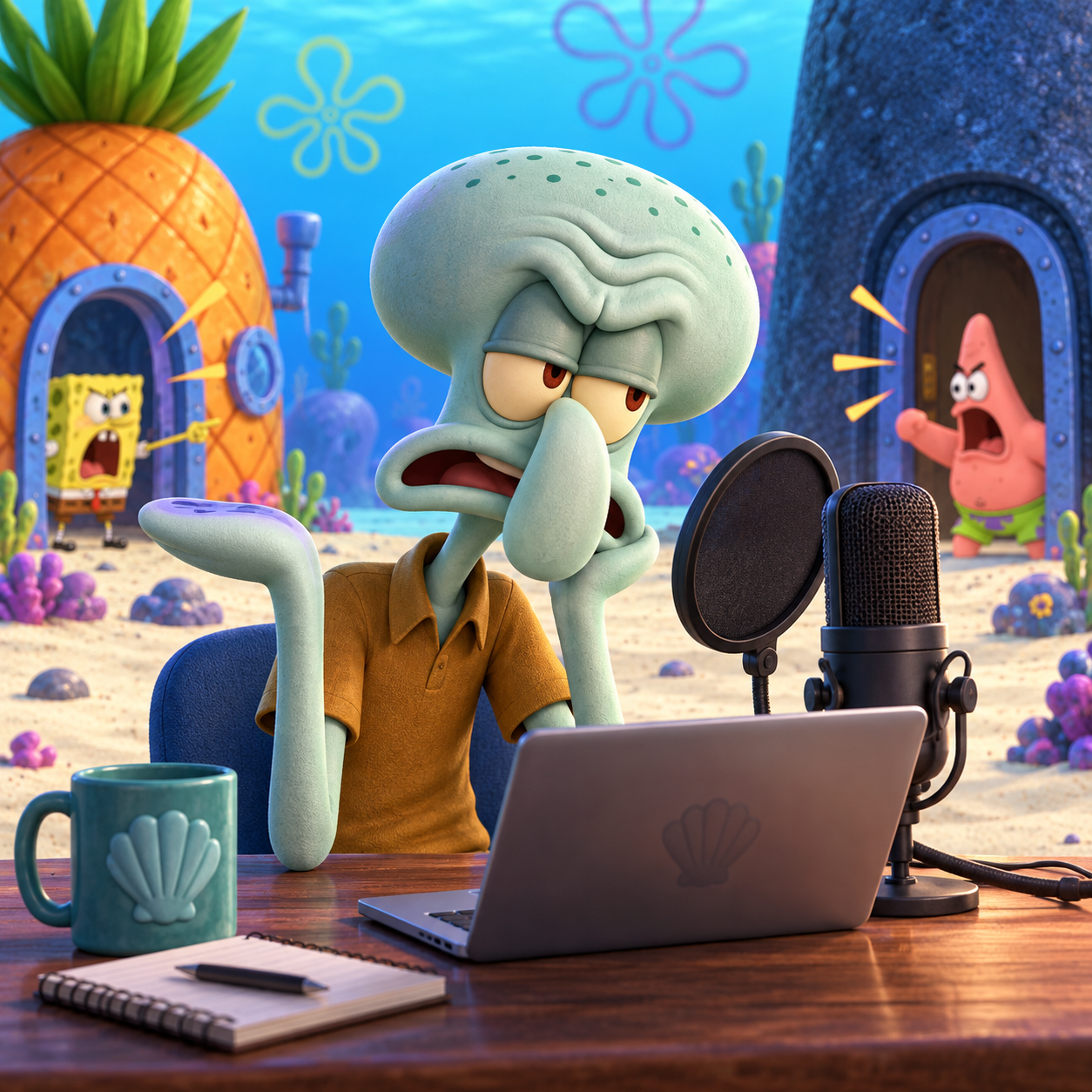 Squidward AI voice in an irritated neighbor scene