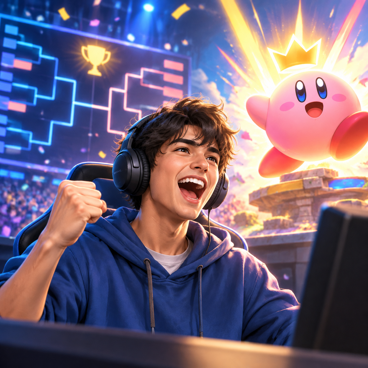 Super Smash Bros. AI voice announcing a tournament stream moment