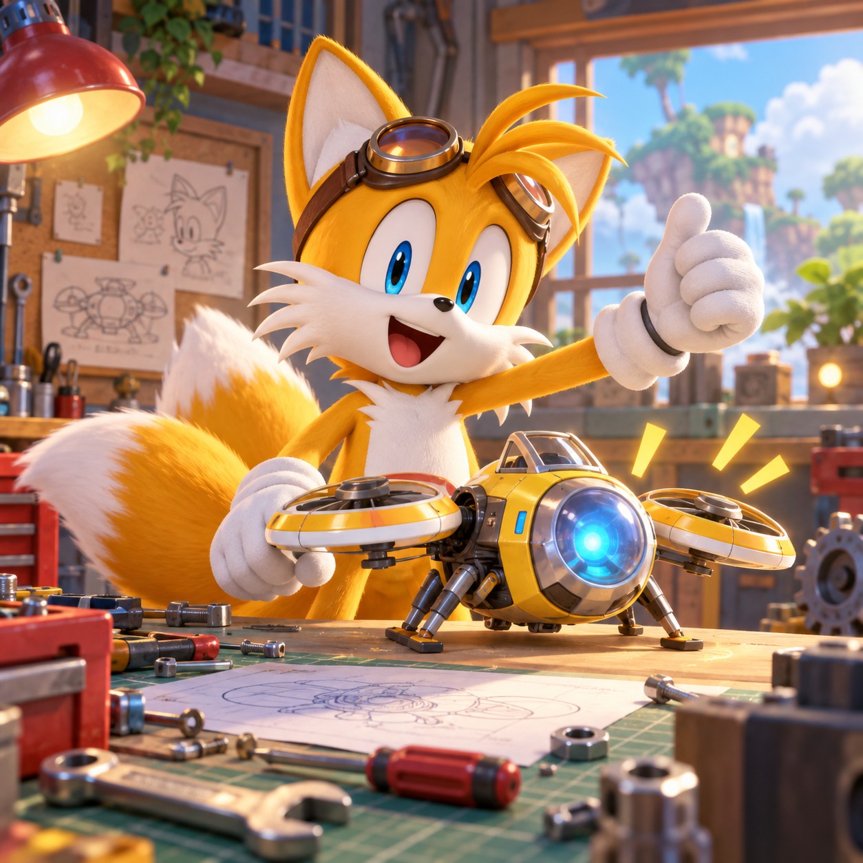 Tails AI voice in a workshop skit scene