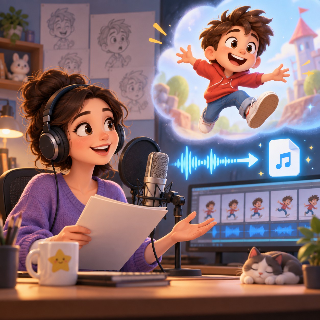 Animated AI voice storyboard track labeled Twinko
