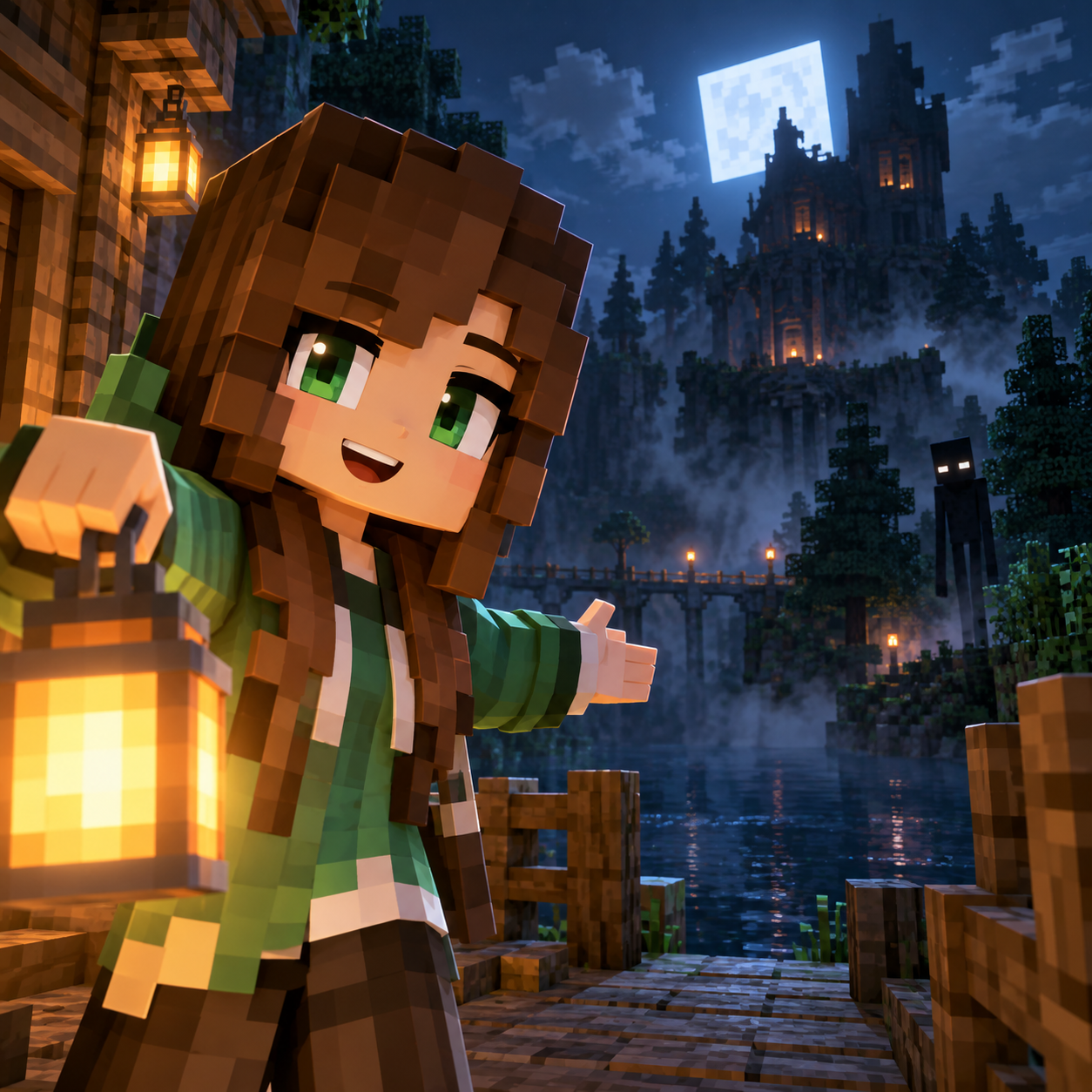 Verity AI voice greeting a dark Minecraft doorway